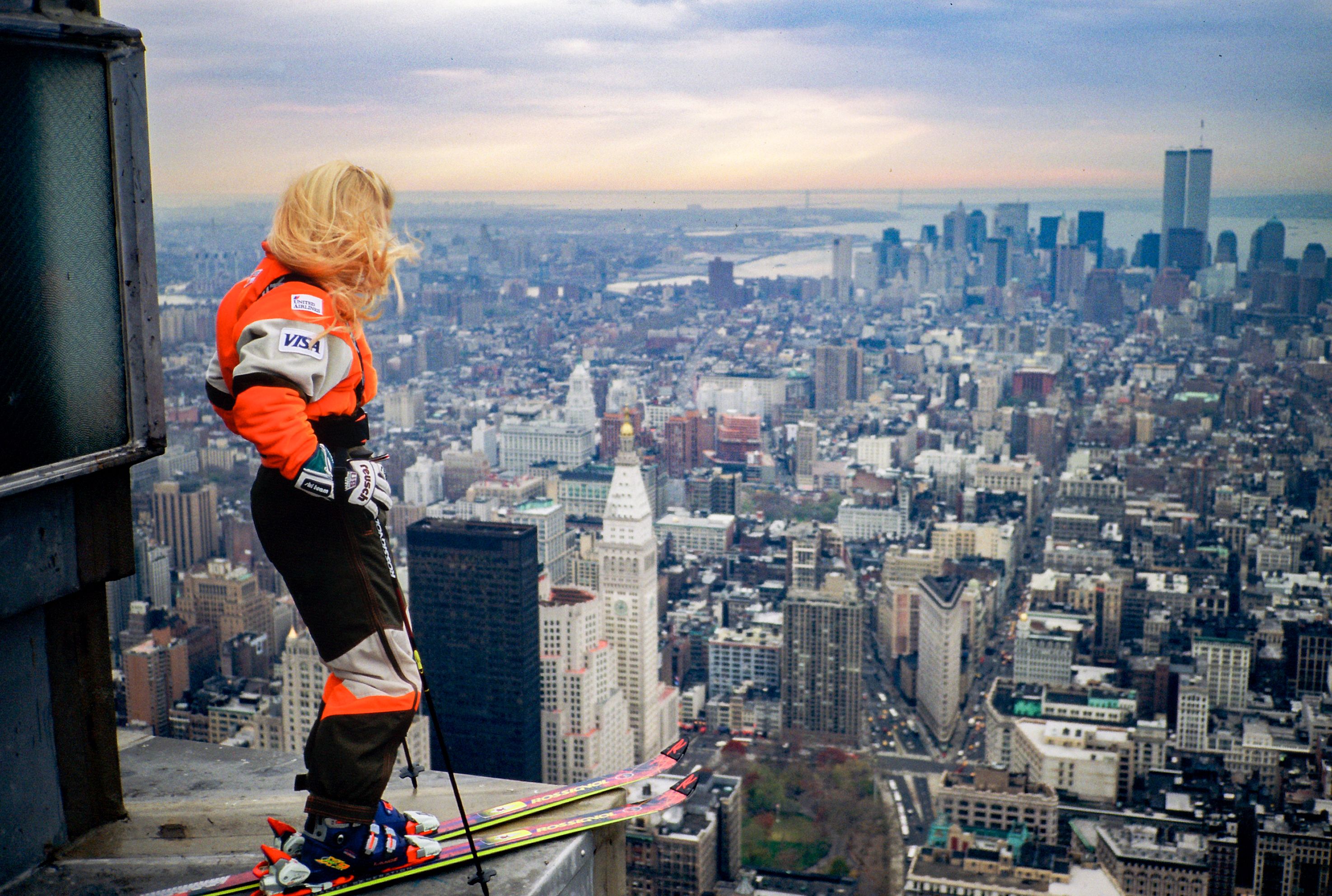 Olympic skier at top of Empire State Building