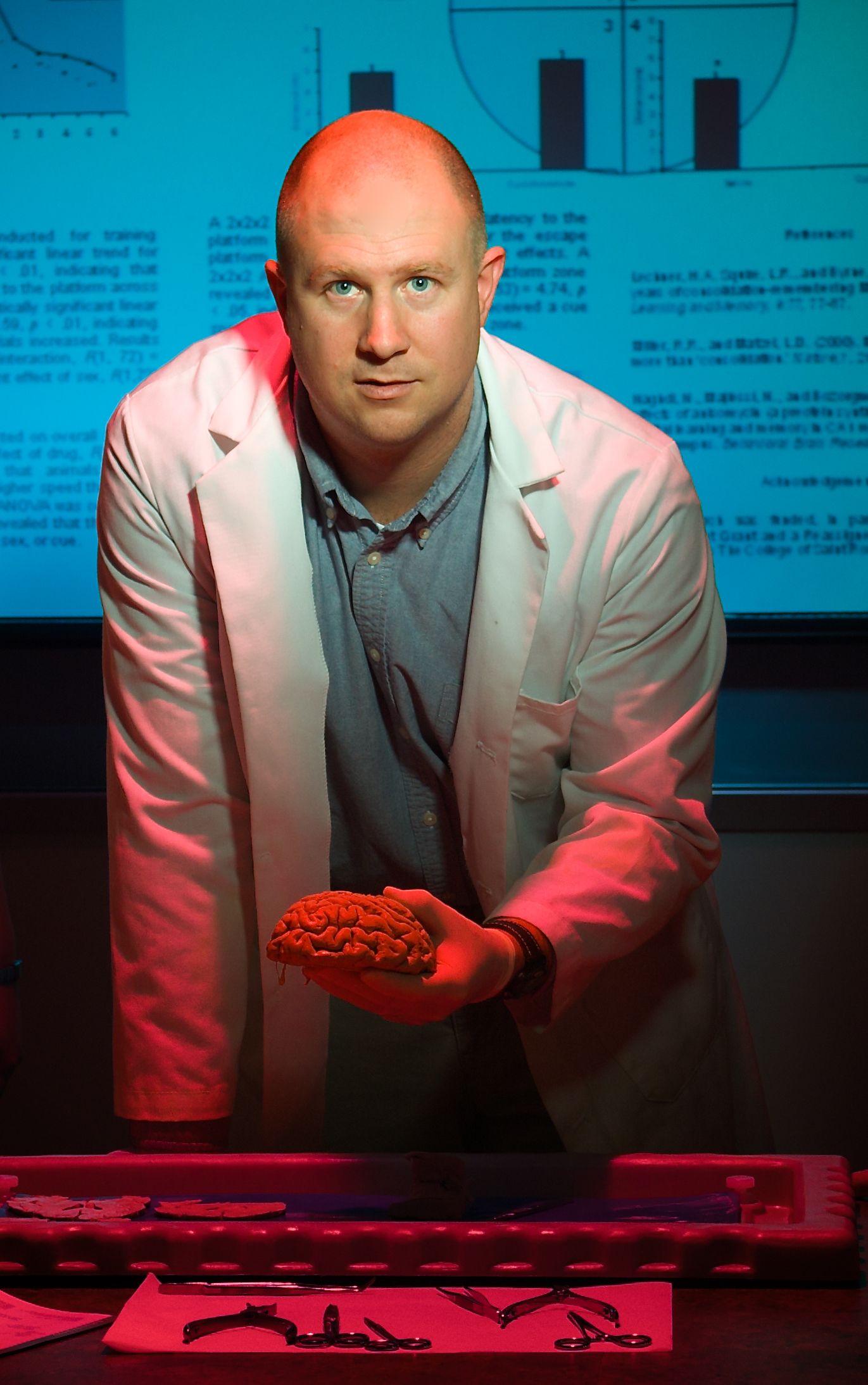 Professor holds human brain