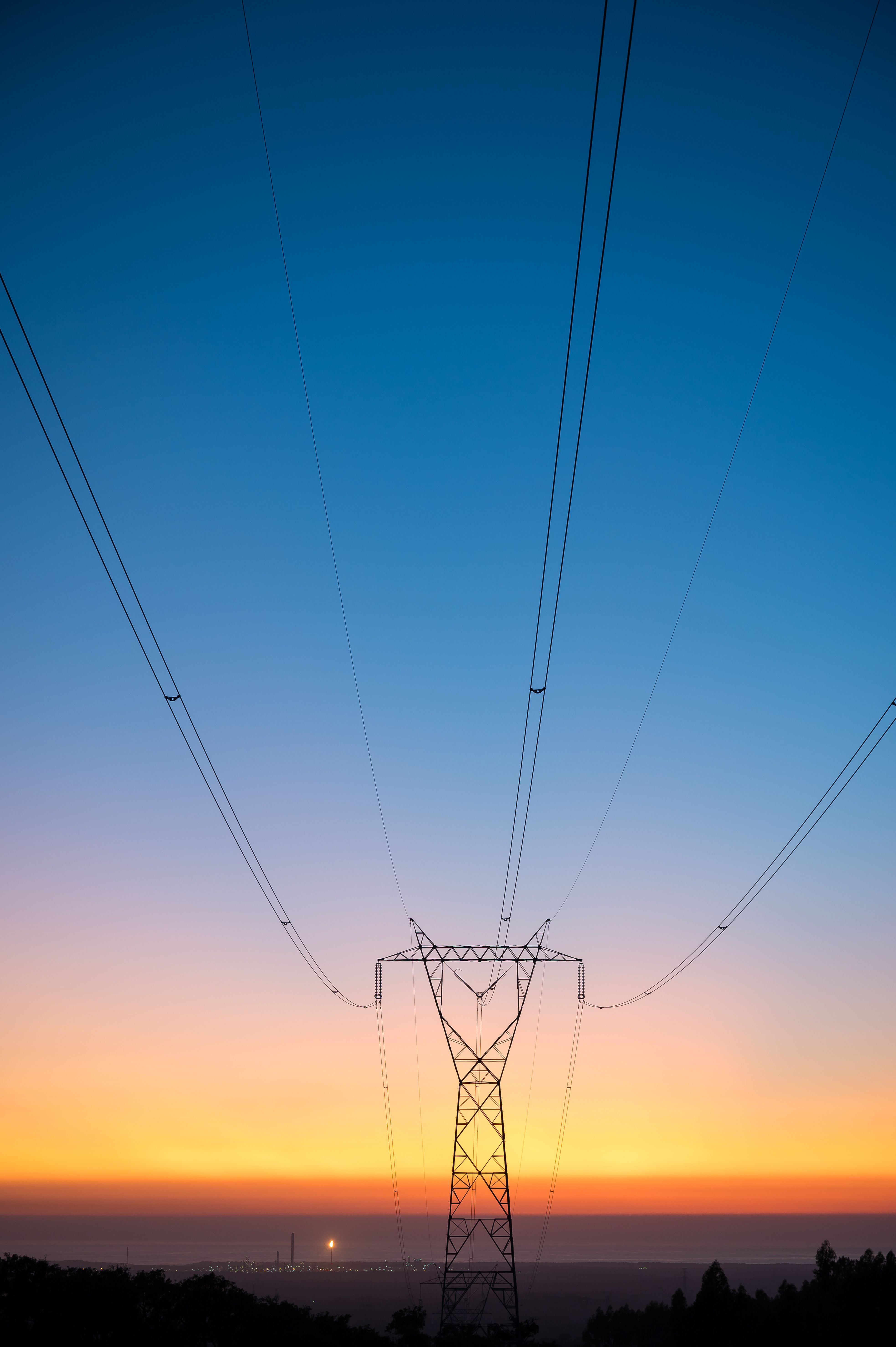 View of Portugal power lines at sunset