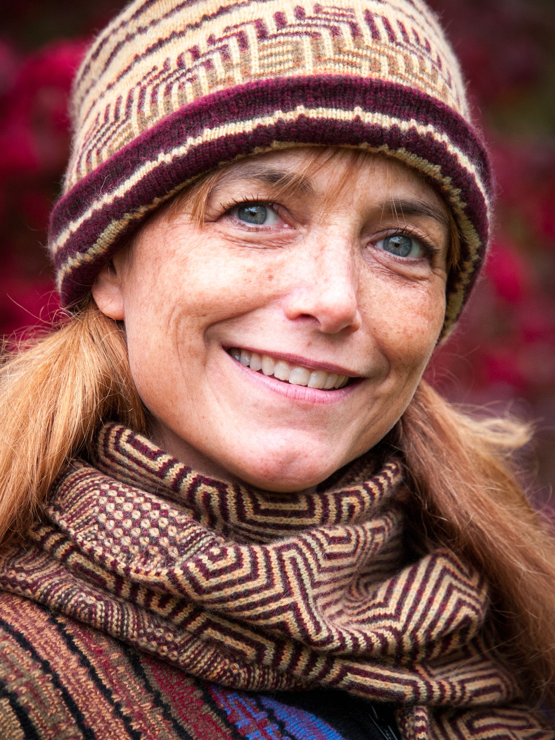 Editorial Portrait of Karen Allen wearing her knit wear and smiling