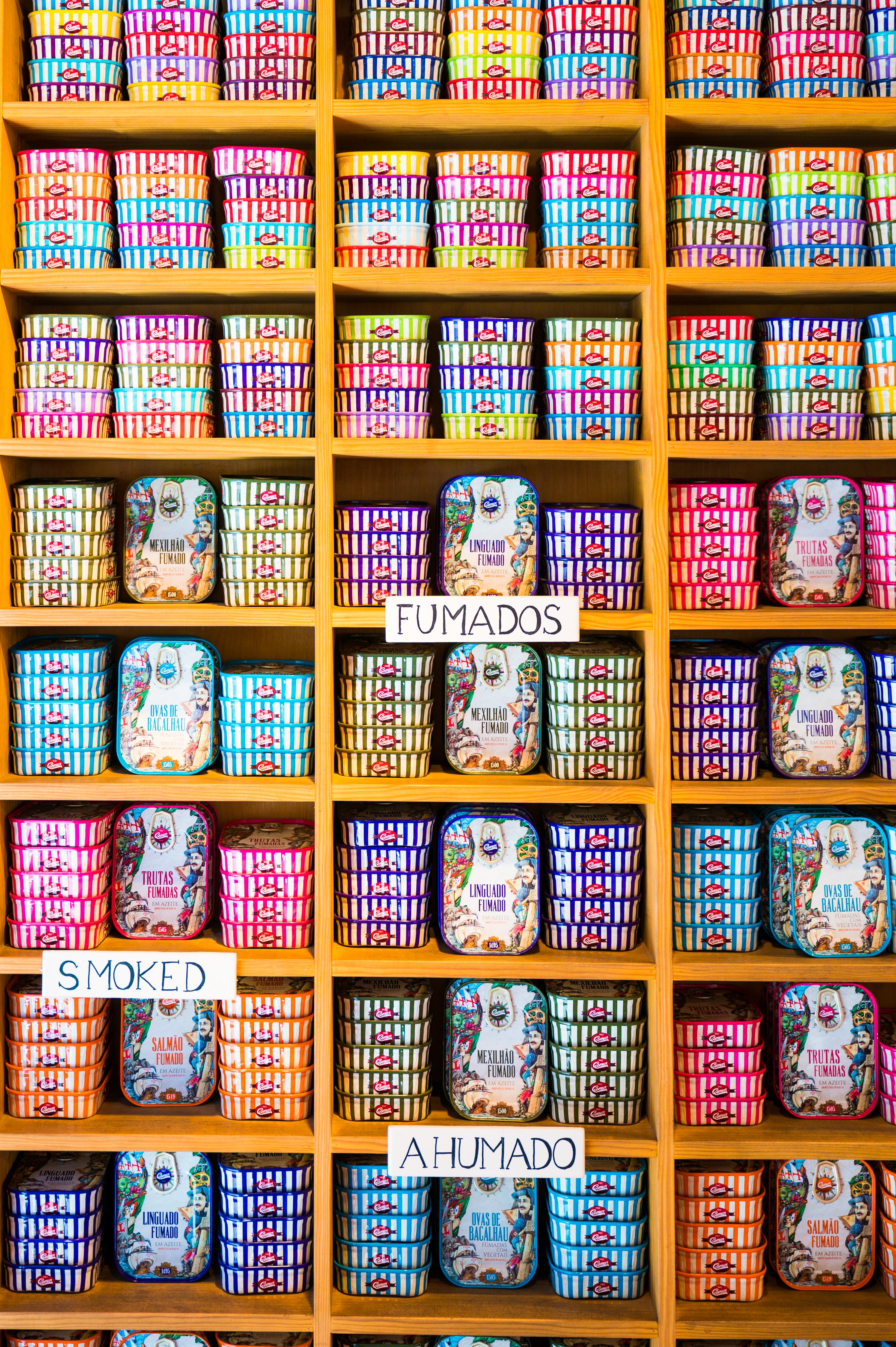 Shelves full of colorful tinned fish in Portugal