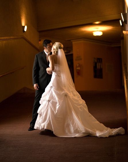 Posed shot of the bride and groom inside the Casino Building, Catalina Island.