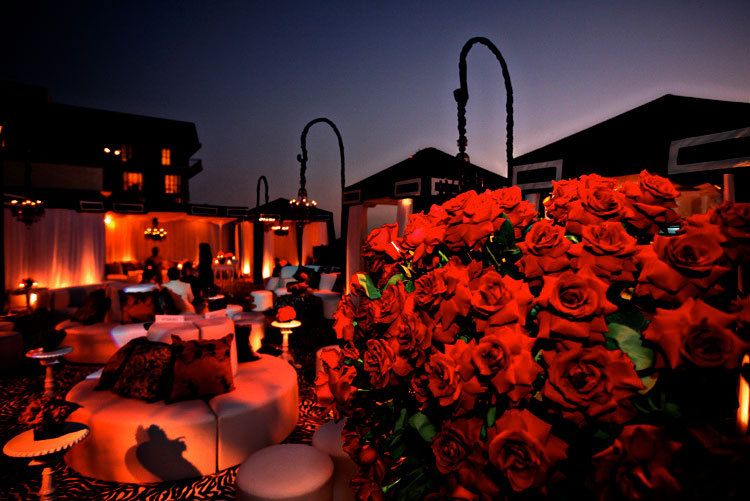 Large red velvet roses on the rooftop at the Beverly Wilshire.