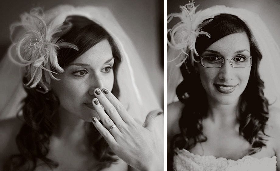 Bride tries to suppress her emotion on the left, and on the right a portrait of the bride fully put together.