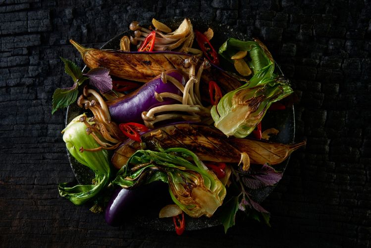 Grilled Asian Vegetables on Charred Wood Editorial Photography