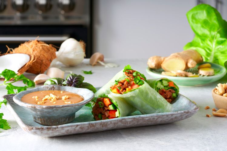 Vegan Spring Rolls with Peanut Sauce Food Photography