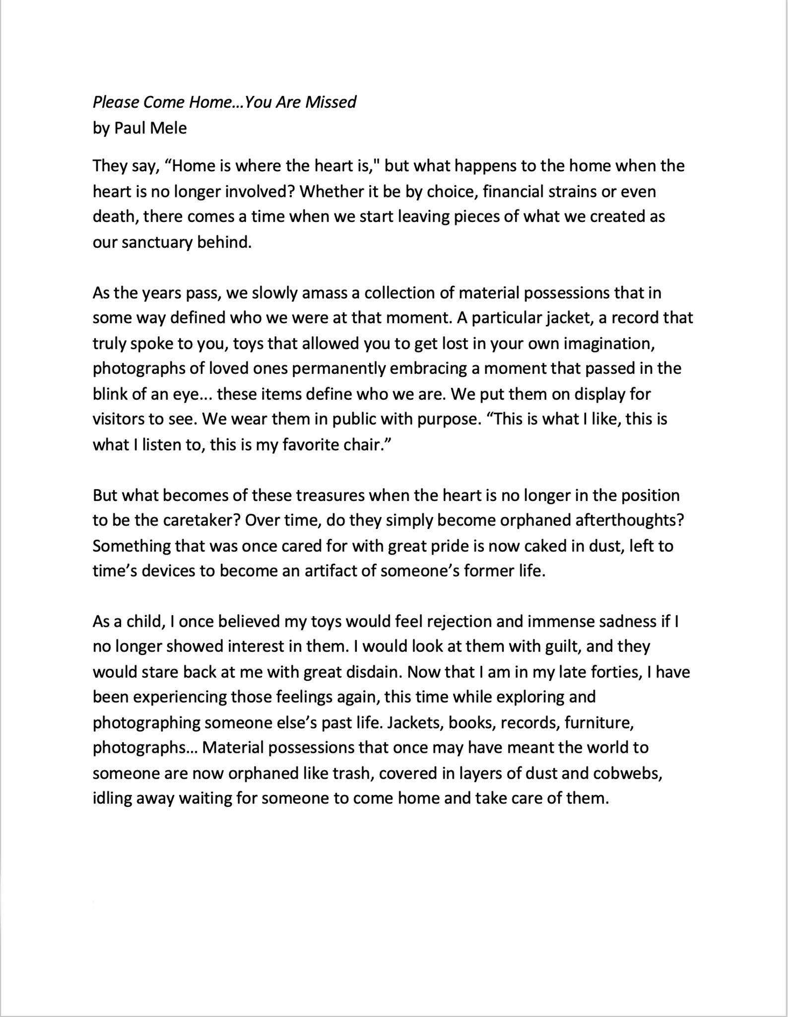 Please Come Home Artist Statement