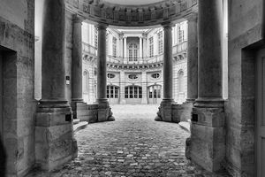 Inquire to acquire official limited edition black and white fine art prints of the Musée Nissim de Camondo courtyard in Paris by William Curtis Rolf, from the Objects & Architectural Details collection. William Curtis Rolf black and white photography Musee Nissim de Camondo courtyard facade Paris France Architectural Details Portfolio