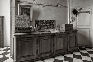 Black and white photograph of a 17th-century private butler's pantry adjacent to the dining room at Château de la Ferté-Saint-Aubin by William Curtis Rolf. Château de la Ferté Saint Aubin Butlers Pantry Print