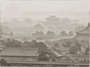 2013 sepia architectural photograph of the Forbidden City palace complex in an early morning mist from a high hill in Beijing by William Curtis Rolf. Forbidden City Beijing Mist Sepia Fine Art Print