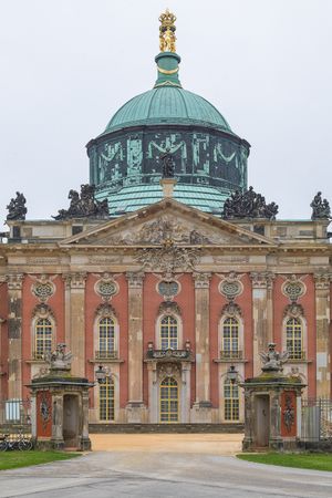 Color architectural photograph of the painted red brick facade and central dome at the New Palace in Potsdam by William Curtis Rolf. Potsdam Germany New Palace Baroque Architecture Color Print