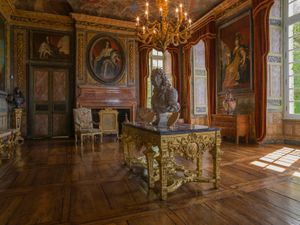 Color architectural photograph of the François Mansart designed Salon d'Honneur with 17th-century royal portraits at Château de Balleroy by William Curtis Rolf. Château de Balleroy Salon d'Honneur Fine Art Print