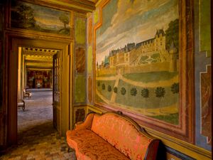 Color photograph of a 17th-century wall mural painting inside the historic Galerie des Châteaux at Château de Gizeux, France, by William Curtis Rolf. Château de Gizeux Grand Gallery Mural Fine Art Print