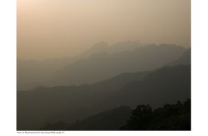 2013 color landscape photograph of the Great Wall of China framing fading, layered mountain ridges in traditional mountain-water style by William Curtis Rolf. Great Wall of China Mountain Water Color Landscape Print