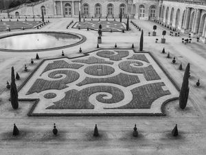 Inquire to acquire official limited edition black and white fine art prints of the Versailles Orangerie Parterre aerial study by William Curtis Rolf, from the Formal Gardens collection. William Curtis Rolf black and white photography Versailles Orangerie parterre aerial view landscape architecture France Formal Gardens Portfolio
