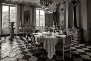 Black and white architectural photograph of the historic formal dining room interior at Château de la Ferté-Saint-Aubin, France, by William Curtis Rolf. Château de la Ferté Saint Aubin Dining Room Fine Art Print