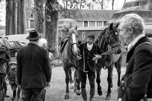 Black and white photograph of horses and riders preparing for a 2013 hunt at Chateau de Champchevrier.