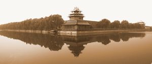 Sepia panoramic architectural study of the Forbidden City Corner Pavilion with mirrored waterfront reflection by William Curtis Rolf. Sepia panoramic view of the Forbidden City Corner Pavilion reflected across the waterfront in Beijing.