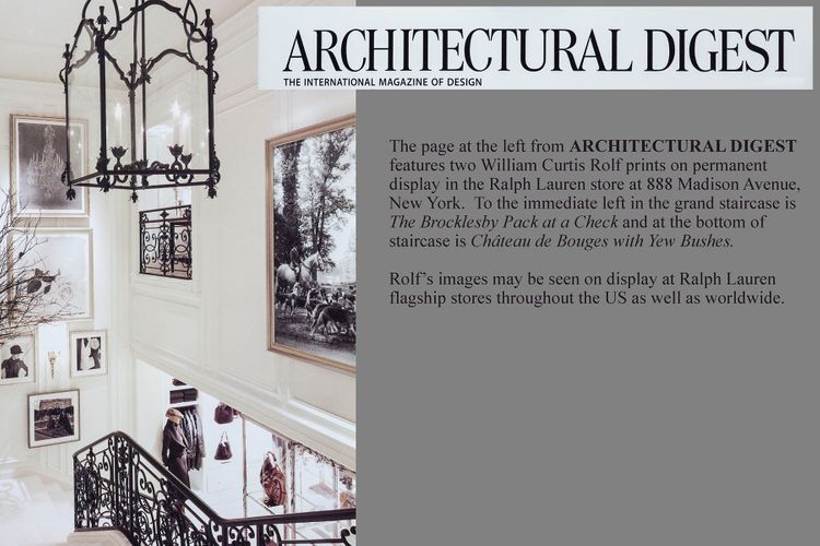 Tear sheet page from Architectural Digest showing William Curtis Rolf's Brocklesby Pack print in sepia on the grand staircase of the Ralph Lauren flagship store. Architectural Digest Editorial Feature William Curtis Rolf Brocklesby Pack Installation