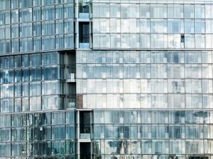 Color architectural study of the post-modern glass facade at Cascades tower and Thames-side buildings in London by William Curtis Rolf.
