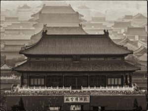 2013 black and white architectural photograph of traditional swooping ceramic tile rooftops at the Forbidden City in Beijing by William Curtis Rolf. Forbidden City Beijing Rooftops Black White Print