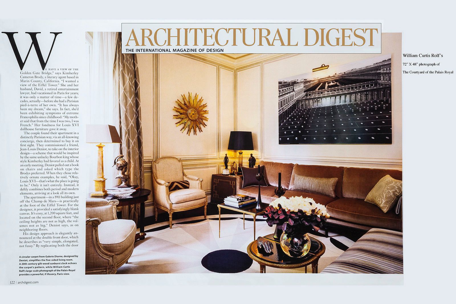 In situ photograph from Architectural Digest showing William Curtis Rolf's 72x48 inch black and white Palais-Royal panoramic print occupying an entire wall in a Parisian apartment designed by Jean-Louis Deniot. Architectural Digest Editorial Feature Parisian Apartment Jean Louis Deniot Palais Royal Print