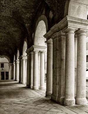 Inquire to acquire official limited edition sepia fine art prints from the Palladian Architecture Study of Palladio's historic first loggia in Vicenza, Italy, by William Curtis Rolf. William Curtis Rolf sepia photography Andrea Palladio first loggia portico architecture study Vicenza Italy Architectural Details Portfolio