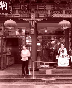 Sepia burgundy‑toned architectural street scene at Prince Gong’s Mansion in Beijing featuring carved wood details, silk lanterns, and courtyard activity, photographed by William Curtis Rolf. Sepia burgundy‑toned street scene at Prince Gong’s Mansion in Beijing featuring carved wood architectural details, symmetrical silk lanterns, and people passing through the entrance.