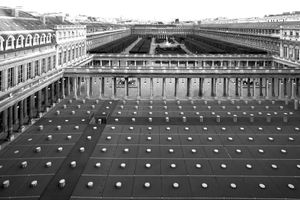 2006 black and white panoramic architectural photograph of the Palais-Royal courtyard from the third floor of the Conseil d'Etat at 5 AM by William Curtis Rolf, acquired by Jean-Louis Deniot for an apartment featured in Architectural Digest and logged on the website Press page. Palais Royal Paris Panoramic View Study 2006 Black and White Architectural Digest Print