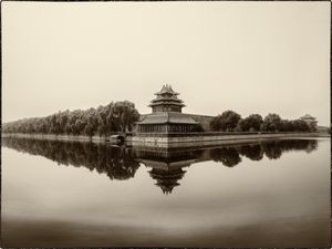 2013 black and white photograph of the Forbidden City palace complex from the water in Beijing by William Curtis Rolf. Ken Fulk hospitality design project. Forbidden City Beijing Waterfront Black and White Art Print