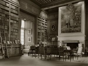 Color architectural photograph of the private 12,000-book grand library interior at Château de Serrant, France, by William Curtis Rolf. Château de Serrant Renaissance Library Fine Art Print