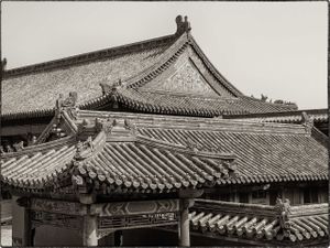 2013 black and white architectural photograph of a repeating geometric ceramic roof tile pattern at the Forbidden City in Beijing by William Curtis Rolf. Forbidden City Beijing Roof Tiles Black White Print
