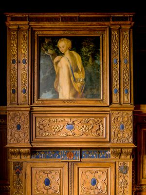 Color architectural close up photograph of an antique Renaissance cabinet with a Cupid painting in a French chateau by William Curtis Rolf. Loire Valley Chateau Renaissance Cabinet Cupid Color Print
