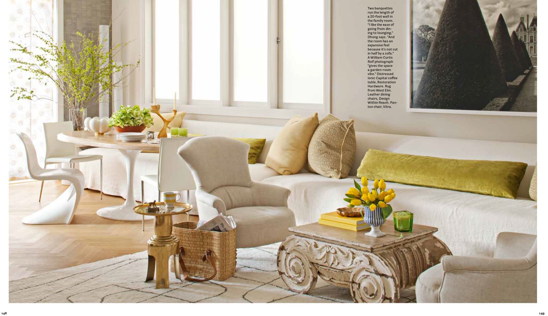 A page clipping from House Beautiful featuring William Curtis Rolf's large black and white Chateau de Sceaux magical gardens print hung in an elegant room. House Beautiful Editorial Feature Chateau de Sceaux Magical Gardens In Situ
