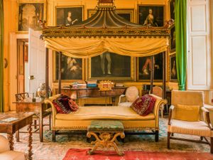 Inquire to acquire official limited edition color fine art prints of the historic Chinoiserie drawing room at Stanway House, England by William Curtis Rolf. William Curtis Rolf color photography Stanway House drawing room Chinoiserie Chippendale daybed pagoda interior Gloucestershire England Noble Houses Portfolio