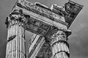 Black and white architectural close up photograph of ancient Roman temple ruins columns by William Curtis Rolf. Rome Italy Temple Ruins Detail 1 Black and White Print