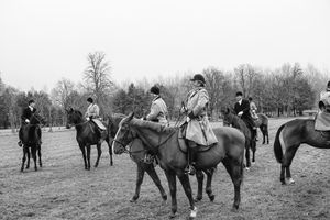 Detailed black and white fine art landscape photograph of a private French hunt assembly.