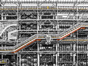 Black and white photograph of the Centre Pompidou elevator in Paris with selective yellow and orange colors by William Curtis Rolf. Centre Pompidou Paris Elevator Black and White Print William Curtis Rolf