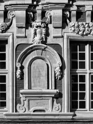 Black and white architectural close up photograph of elaborate building facade details in Lille by William Curtis Rolf. Lille France Architectural Facade Study 3 Black and White Print