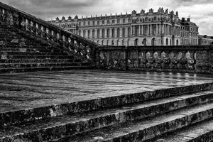 2015 black and white panoramic photograph of the West Escalier des Cent Marches looking toward the Palace of Versailles by William Curtis Rolf. Versailles West Hundred Steps Black White Fine Art Print