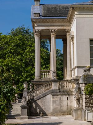 Inquire to acquire official limited edition color fine art prints from the Palladian Architecture Study of Chiswick House by William Curtis Rolf, featuring the iconic grand external staircase. William Curtis Rolf color photography Chiswick House portico side view grand staircase statues urns Palladian Architecture Study London England Architectural Details Portfolio