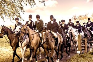 ine-art sepia tone photograph by William Curtis Rolf capturing a panoramic field perspective of the Duke of Beaufort's fox hunt at Badminton House in Gloucestershire, England. Badminton Estate Gloucestershire Duke of Beauforts Hunt Sepia Print