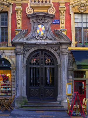 Color close up architectural photograph of an ornate historic Flemish Baroque doorway in Lille, France by William Curtis Rolf. Lille France Ornate Doorway Color Print William Curtis Rolf
