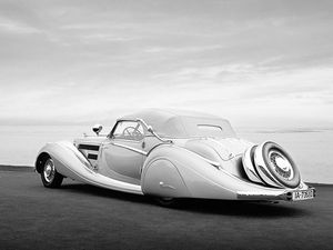 Fine art photograph of the 2009 Pebble Beach Concours d'Elegance Best of Show winning 1937 Horch 853 Sport Cabriolet captured in black and white by William Curtis Rolf. Automotive Fine Art Print: 1937 Horch 853 Voll & Ruhrbeck Sport Cabriolet by William Curtis Rolf
