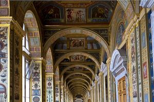 Color architectural photograph of the ornate frescoed vaults and columns inside the Raphael Loggias at the Hermitage Museum by William Curtis Rolf. Hermitage Museum Raphael Loggias Color Print William Curtis Rolf