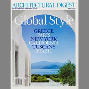 Tear sheet image of the Architectural Digest cover for the Global Style issue featuring world travel design destinations. Architectural Digest Cover Global Style Greece Paris California Tuscany Brazil