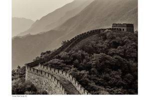 2013 black and white photograph of a vacant, remote section of the Great Wall of China snaking over mountain ridges by William Curtis Rolf. Great Wall of China Remote Study 1 Black White Print