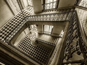 Fine art architectural photograph of the Escalier Questel staircase downview at the Palace of Versailles by William Curtis Rolf. Private access series. Palace of Versailles Escalier Questel Staircase Fine Art Print