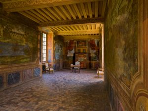 Color photograph of the 17th-century wall mural paintings inside the Galerie des Châteaux at Château de Gizeux, France, by William Curtis Rolf. Château de Gizeux Galerie des Châteaux Mural Print
