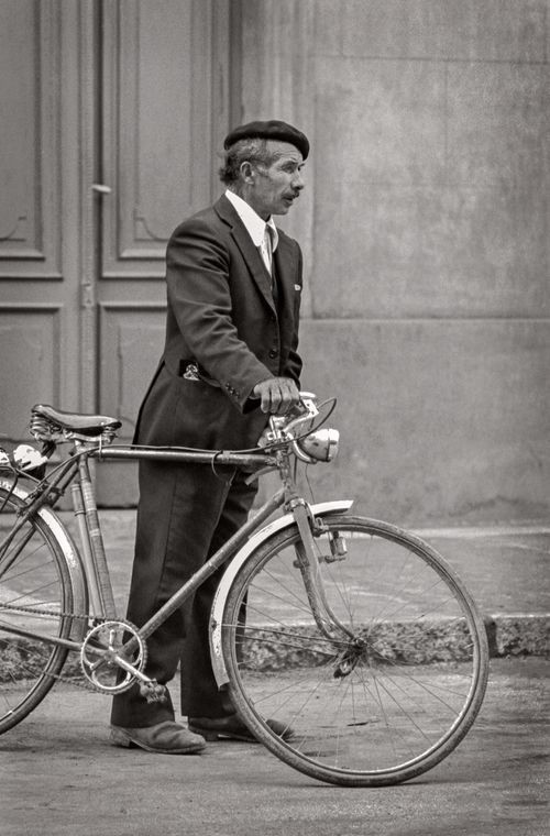 Man with bicycle Santiago Plaza, Spain 1974